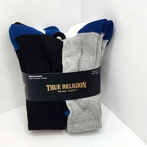 TRUE RELIGION, HALF CUSHION CREWS SOCKS BLACK, GREY, WHITE, SHOE SIZE 8-12.5